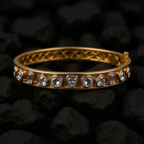 Multi Shape 14K (18k upon request) Yellow Gold Diamond Bezel Set Bangle Bracelet - Picture 4 of 6